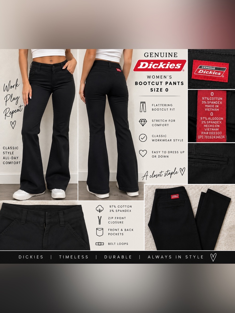Genuine Dickies Black Bootcut Flare Work Pants – Size 0